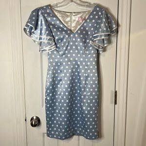 Baby blue polka dots satin dress with flared shoulder